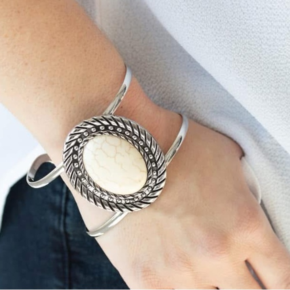 Silver and white stone cuff bracelet